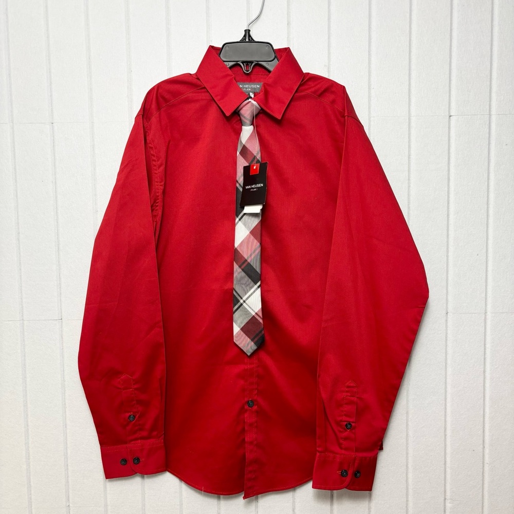 Van Heusen Kids Holliday Red Button Down Shirt with Plaid Tie Size 12